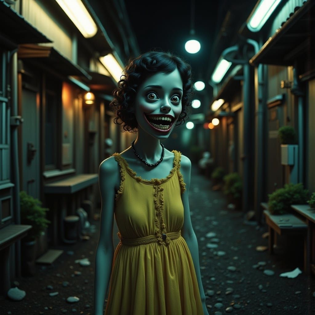 Surreal Japanese Horror Figure in Dimly Lit Alleyway