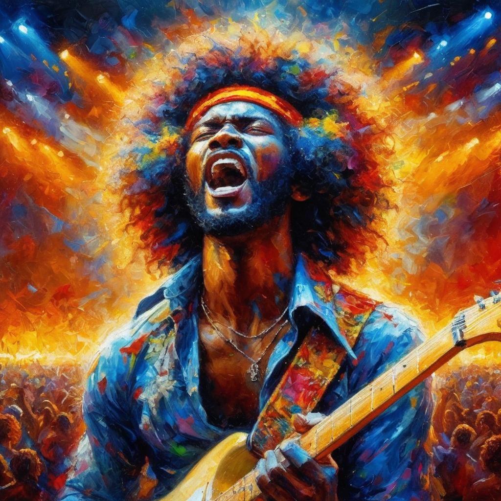 Electric Guitarist Solo in Colorful Oil Painting