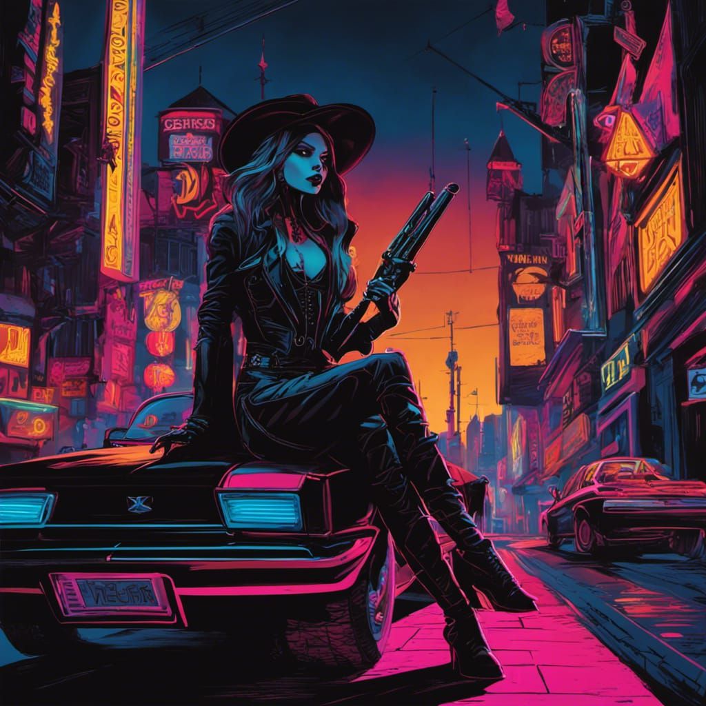 Neon-Noir Vampire Huntress in Yerka Style