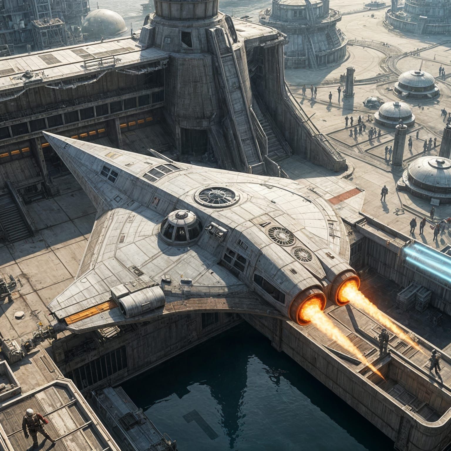 Interstellar Scout Ship Taking Off from Docking Bay