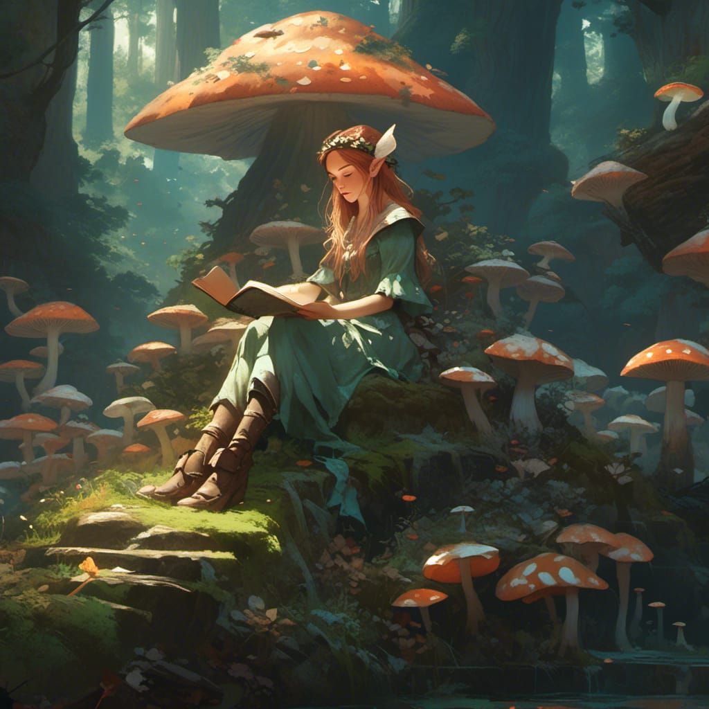Ethereal Fairy Reading Book on Mushroom