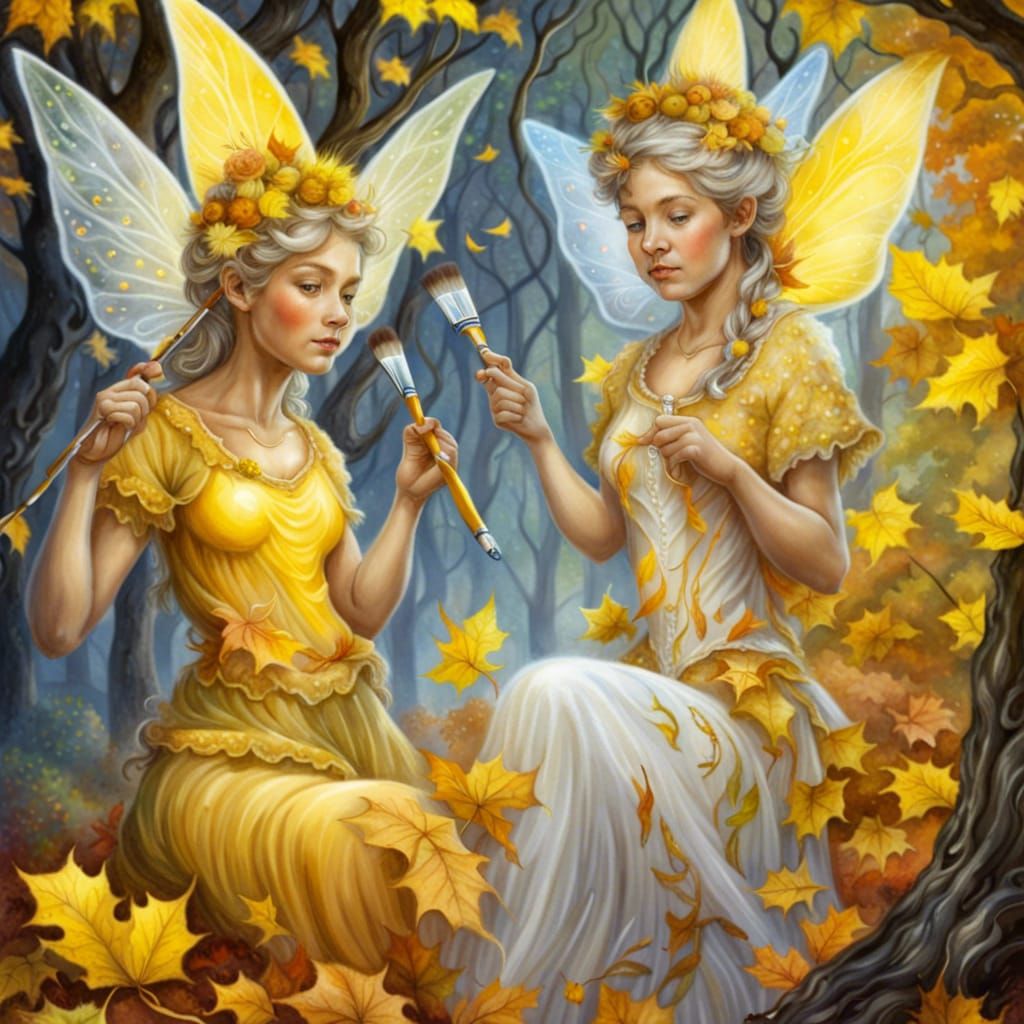 Fairies Paint Autumn Leaves White: Gouache Watercolor