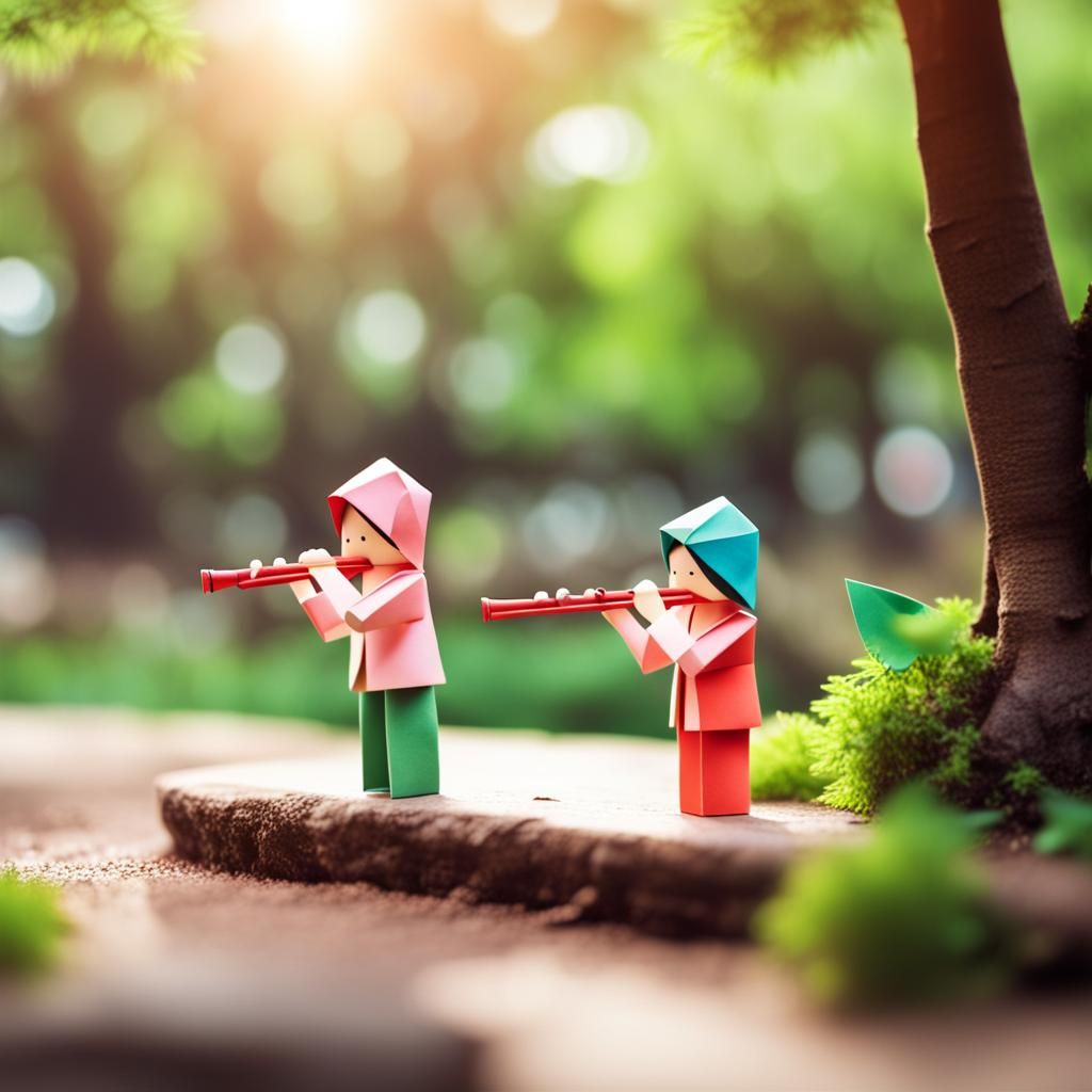 Tiny People Play Flute: Origami Papercraft in Park