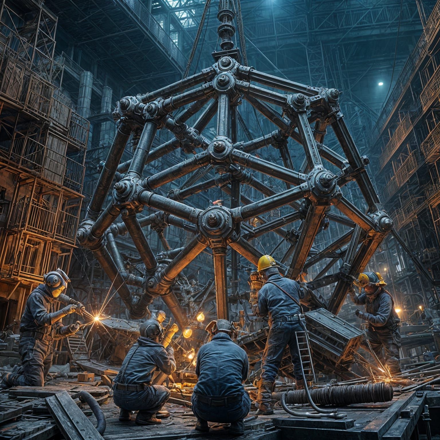 Mice Constructing Metal Octahedron in Shipyard