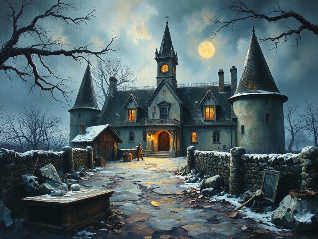 Ethereal Gothic Village Frozen in Time with Alien Shadows