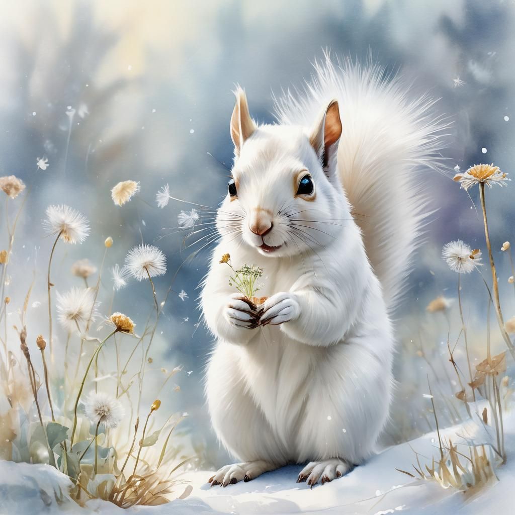 Whimsical Squirrel in Winter Watercolor Painting