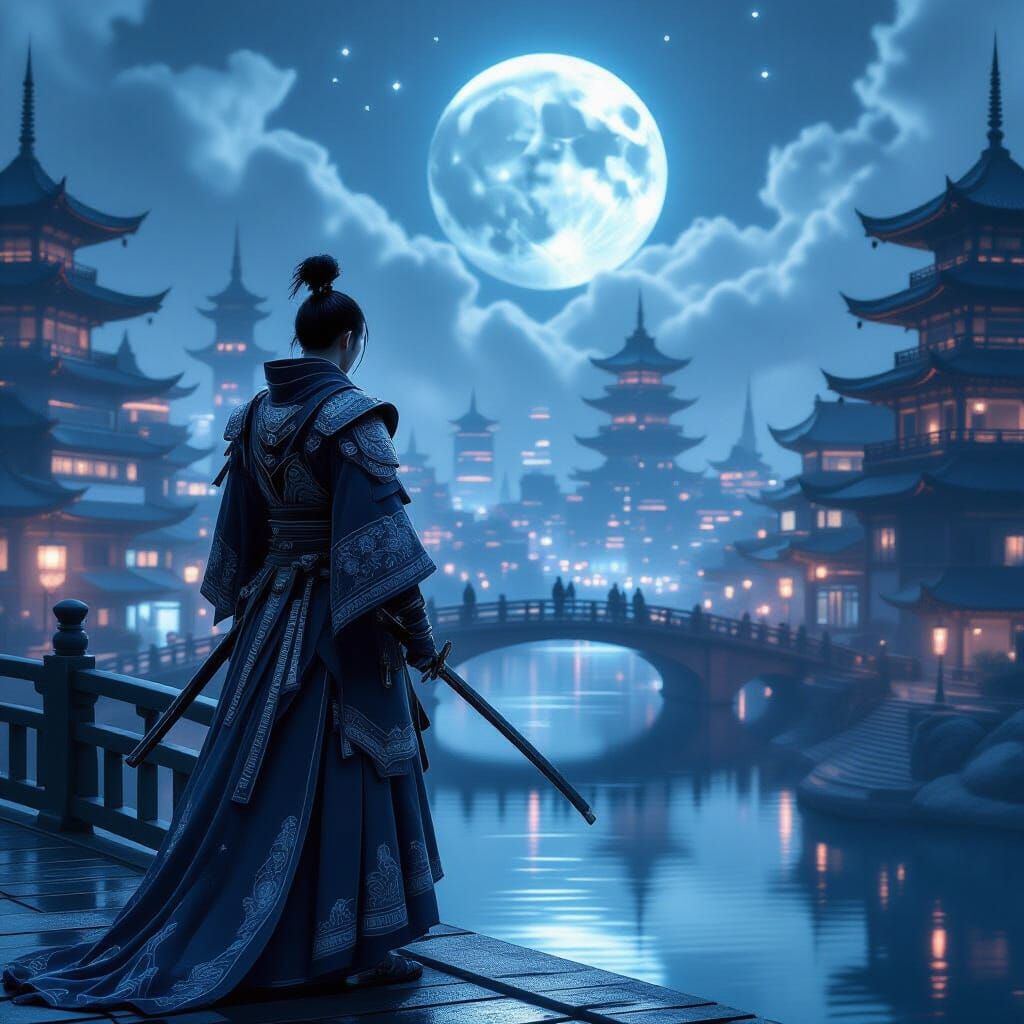 Samurai Warrior in Moonlight Robes on City Bridge