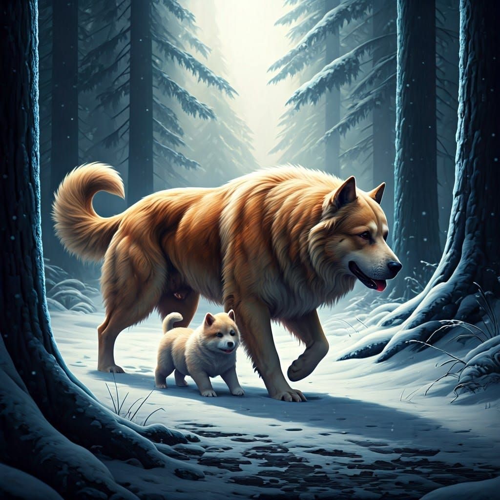 Dogs in Snowy Forest: a Digital Concept Art