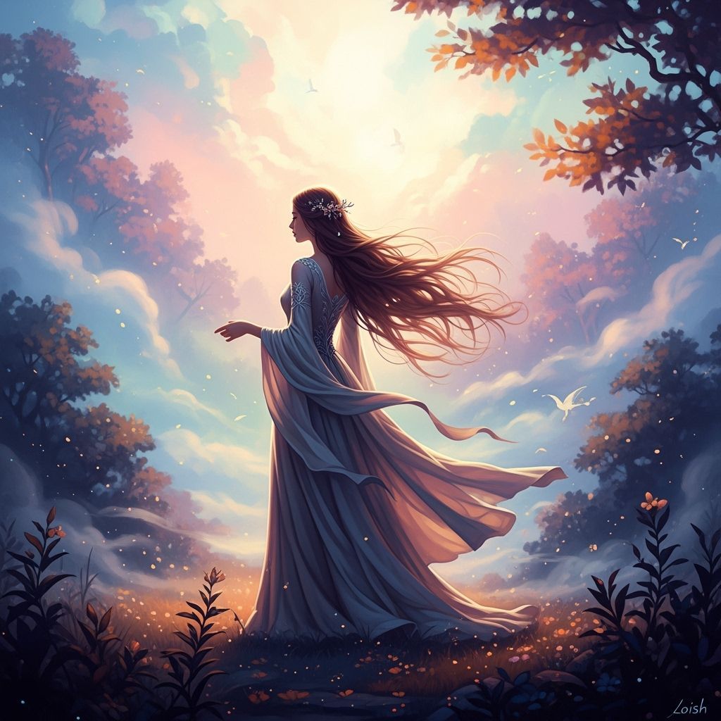 Ethereal Woman in Dreamy Landscape, Digital Art