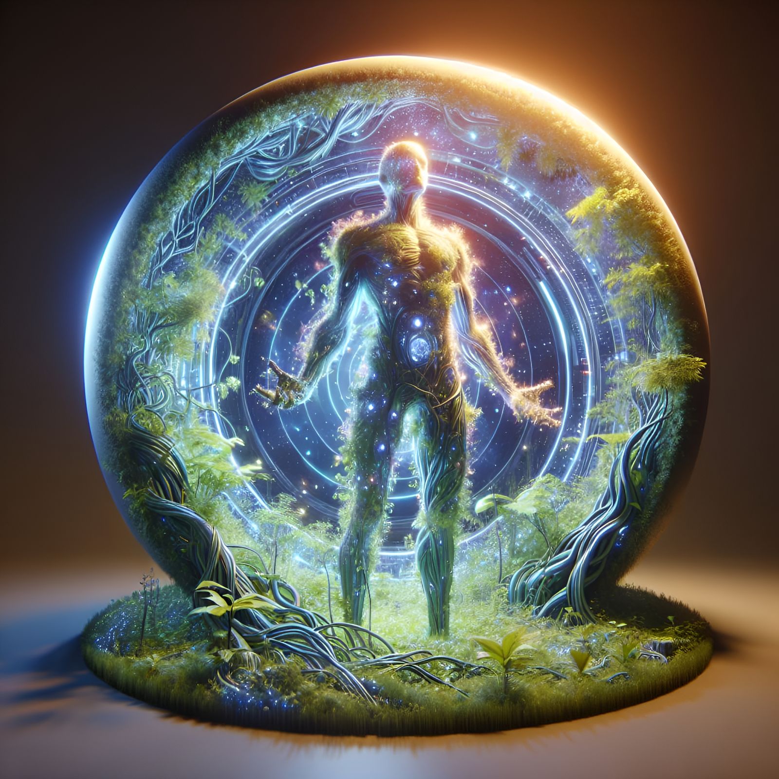 Glowing Humanoid Emerges from Lush Plantscape