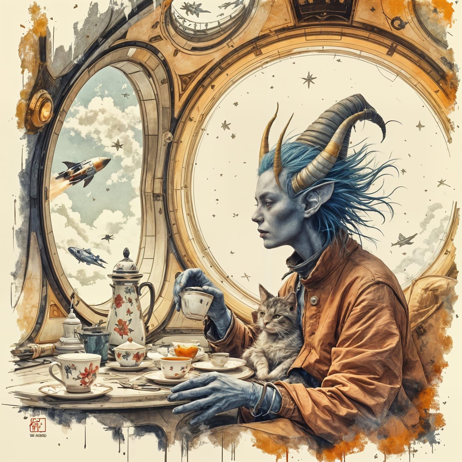 Alien Tea Ceremony in Space, Schiele-Inspired Sketch