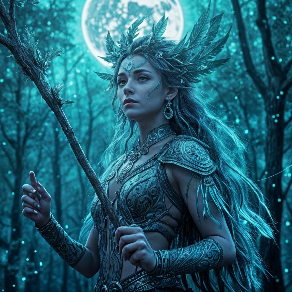 Mystical Dryad in Enchanted Forest Under Full Moon