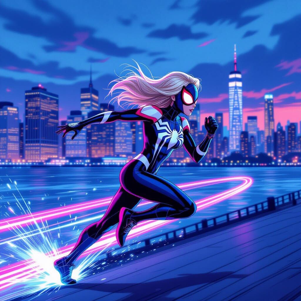 Ghost-Spider Super Speed Over New York Harbor Comic Art