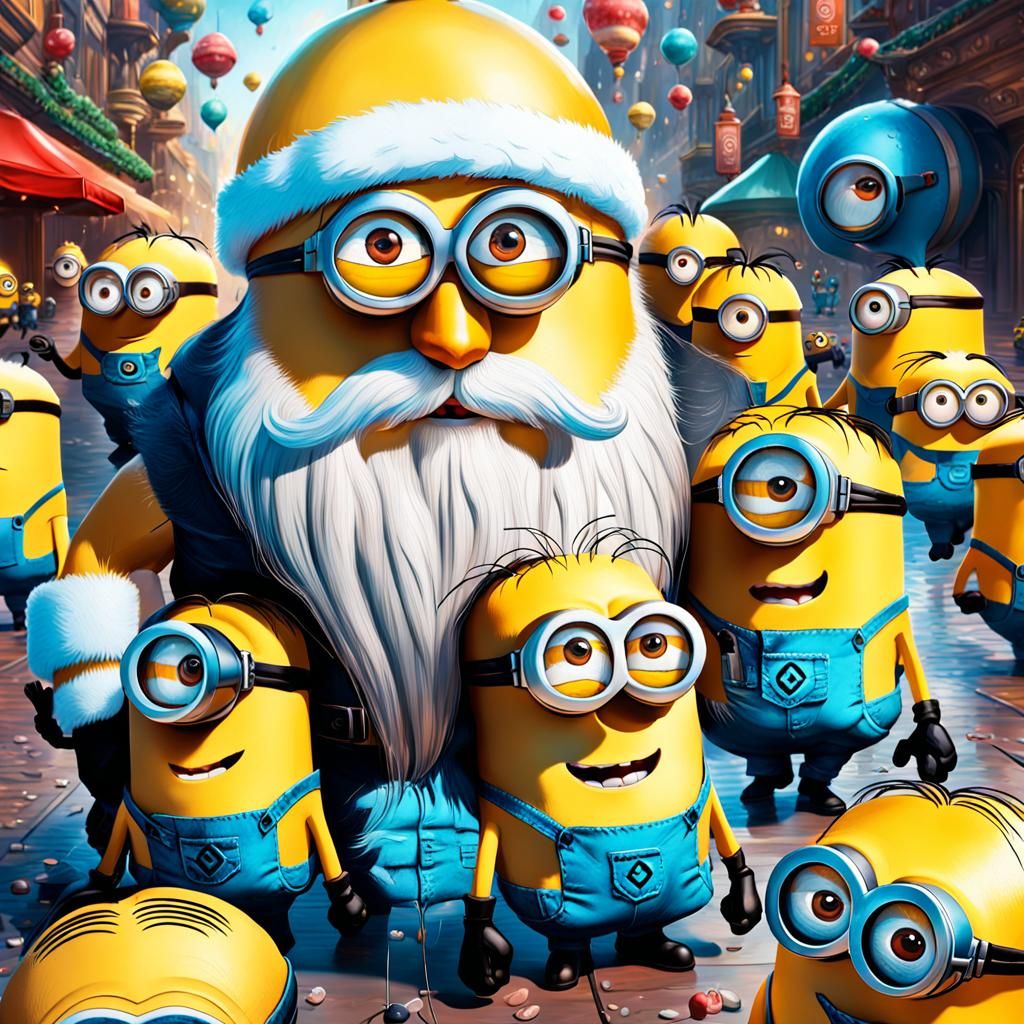 Hyperrealistic Santa with Colorful Minions