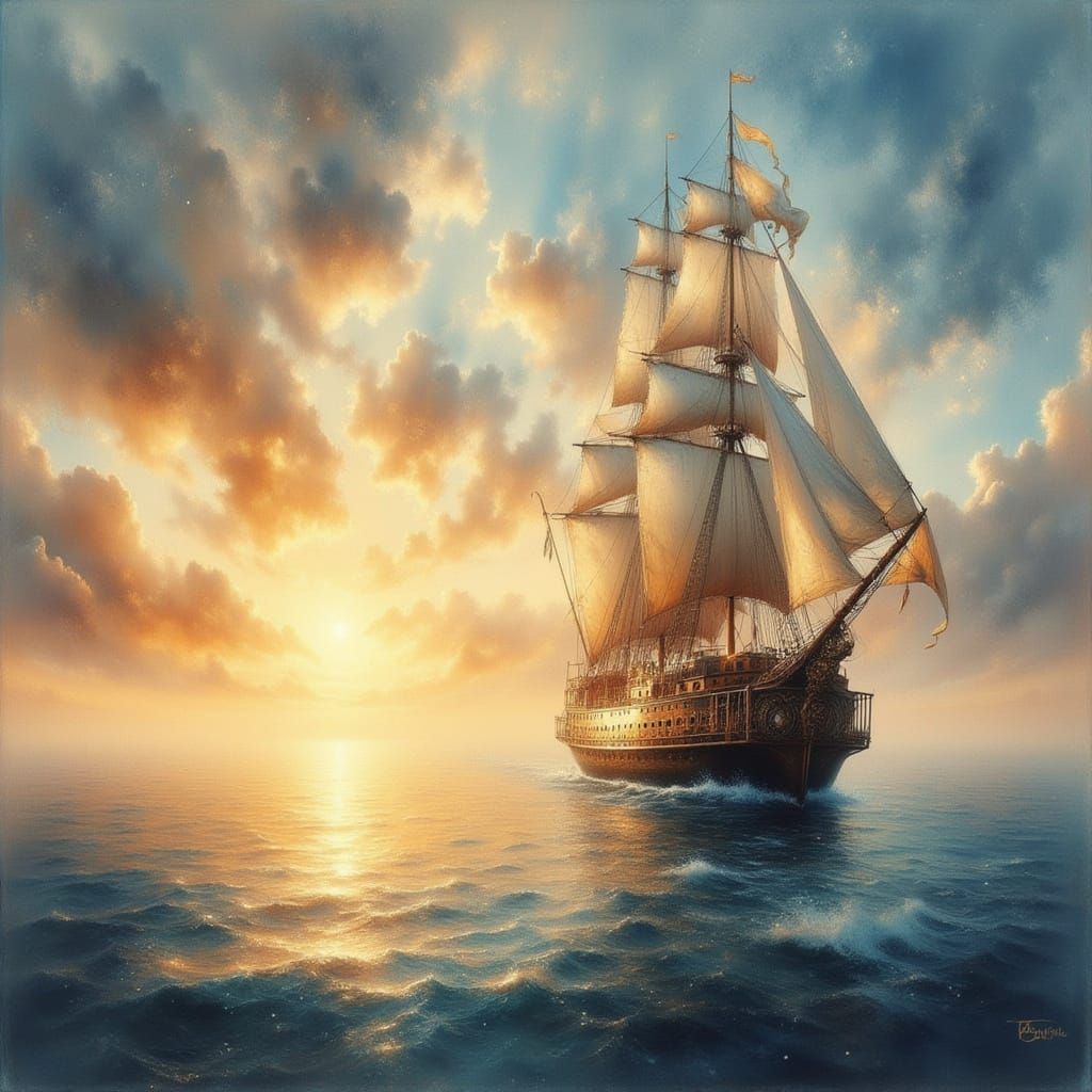 Silver Filigree Tall Ship on Calm Sunrise Sea