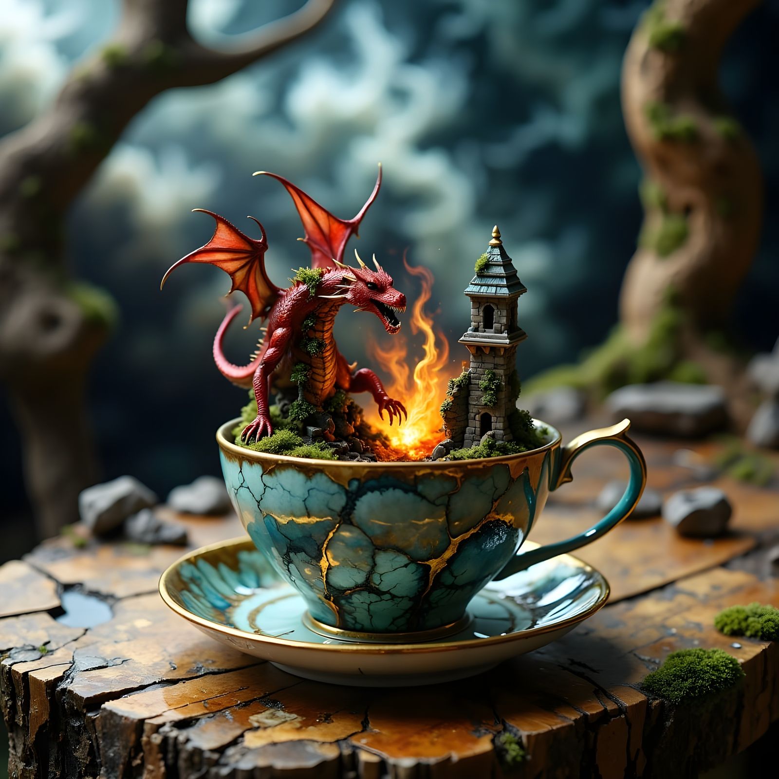 Stormy Forest Scene in Teacup with Red Dragon