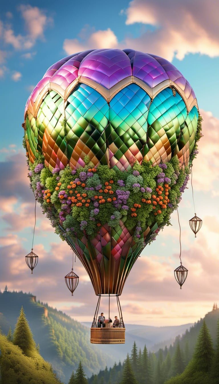 Iridescent Metal Hot Air Balloon Over Lush Landscape
