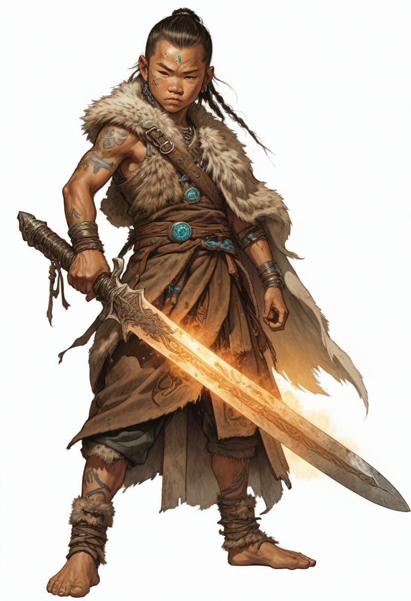 Young Mongolian Warrior With Giant Bioluminescent Sword