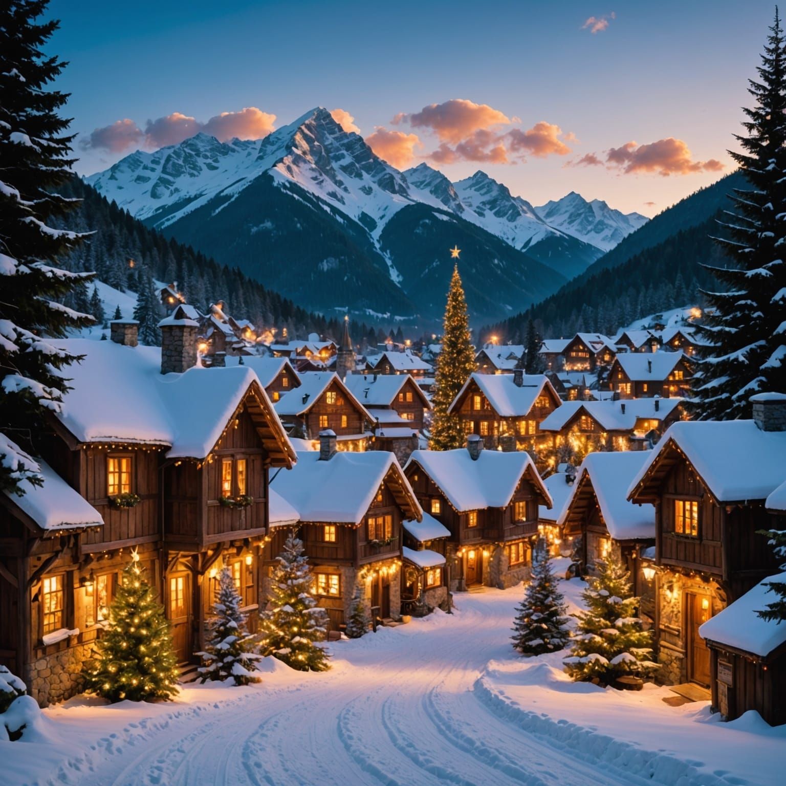 Enchanted Winter Wonderland Village at Dusk