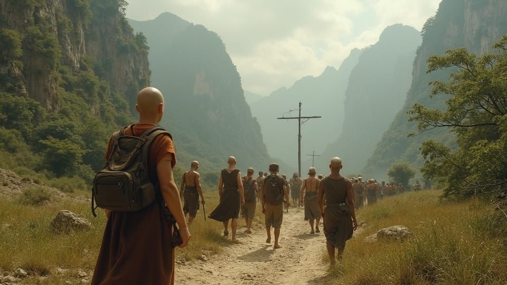 Futuristic Mountain Wilderness Scene with Bald Figures