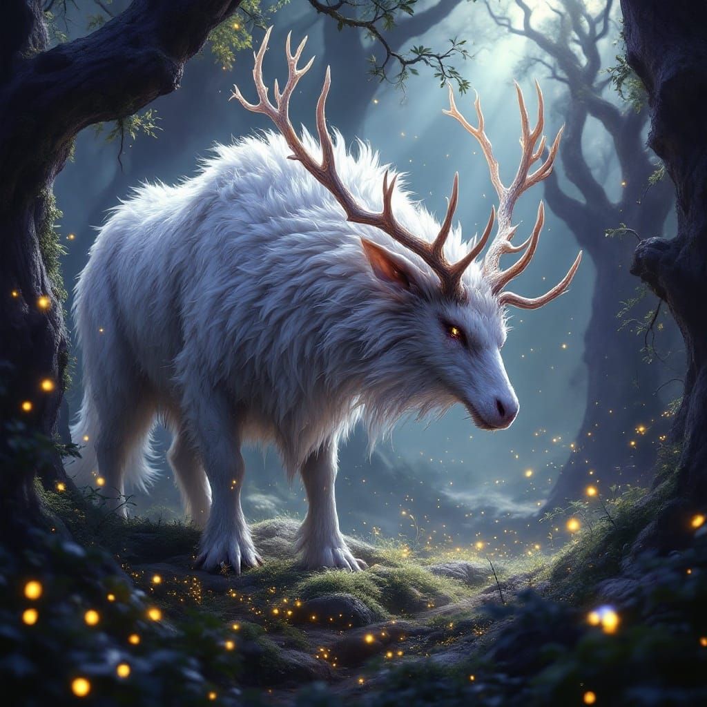 Ethereal White Dragon Deer in Enchanted Woods