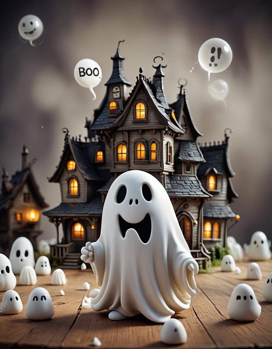 Adorable Chibi Ghost Says Boo in Haunted House