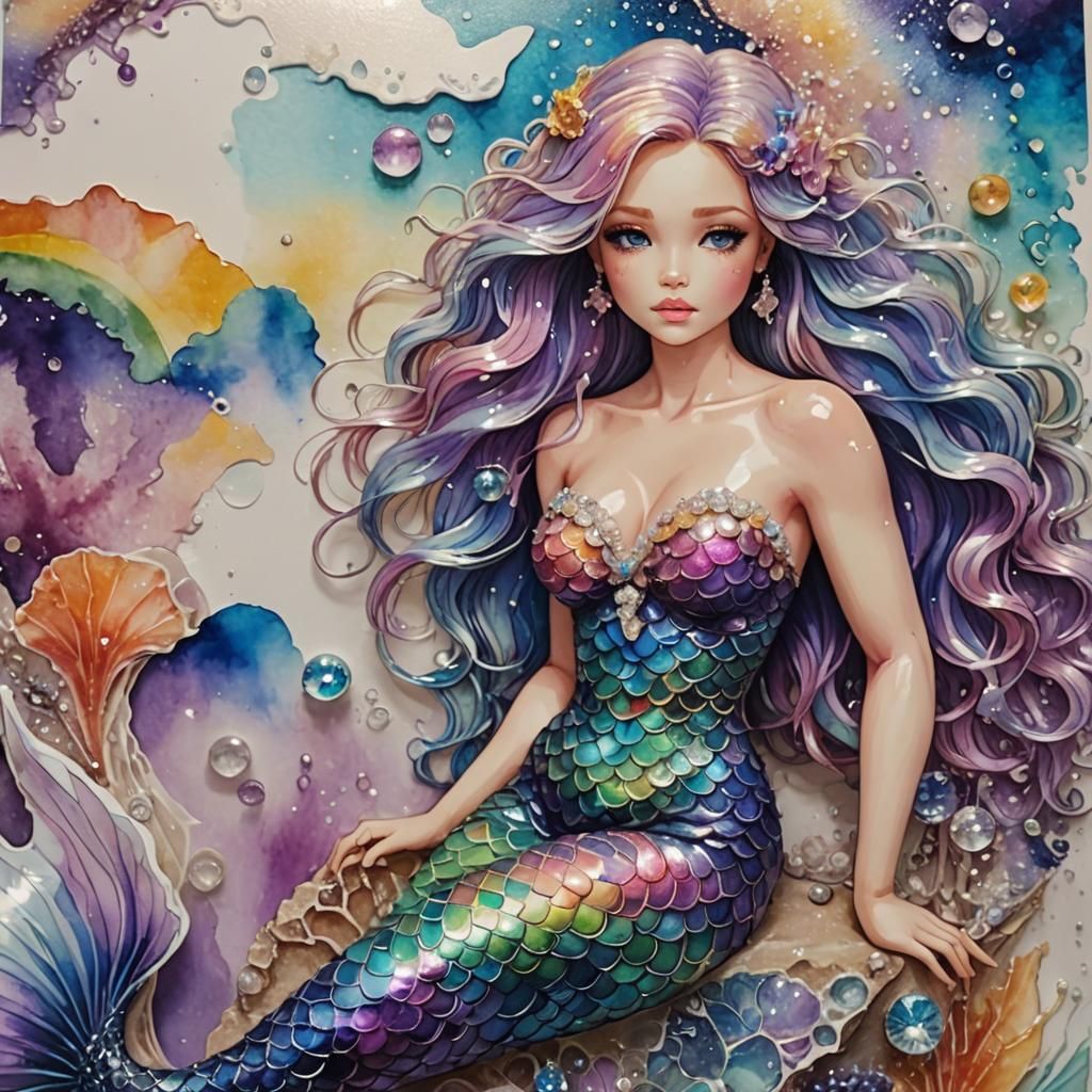 Rainbow Mermaid with Crystalline Scales in Alcohol Ink