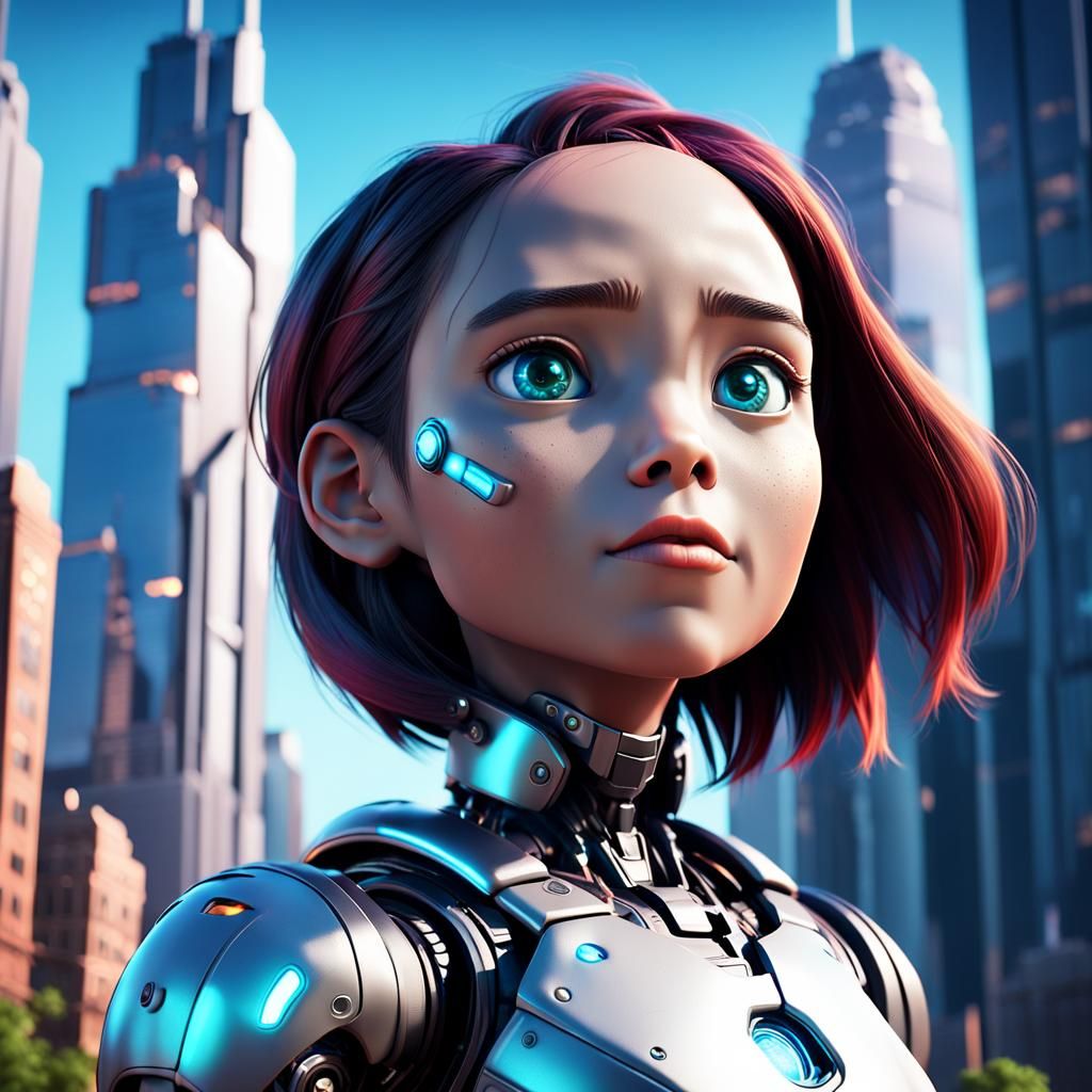 CGI Cyborg Gazes at Skyscrapers: 3D Digital Art