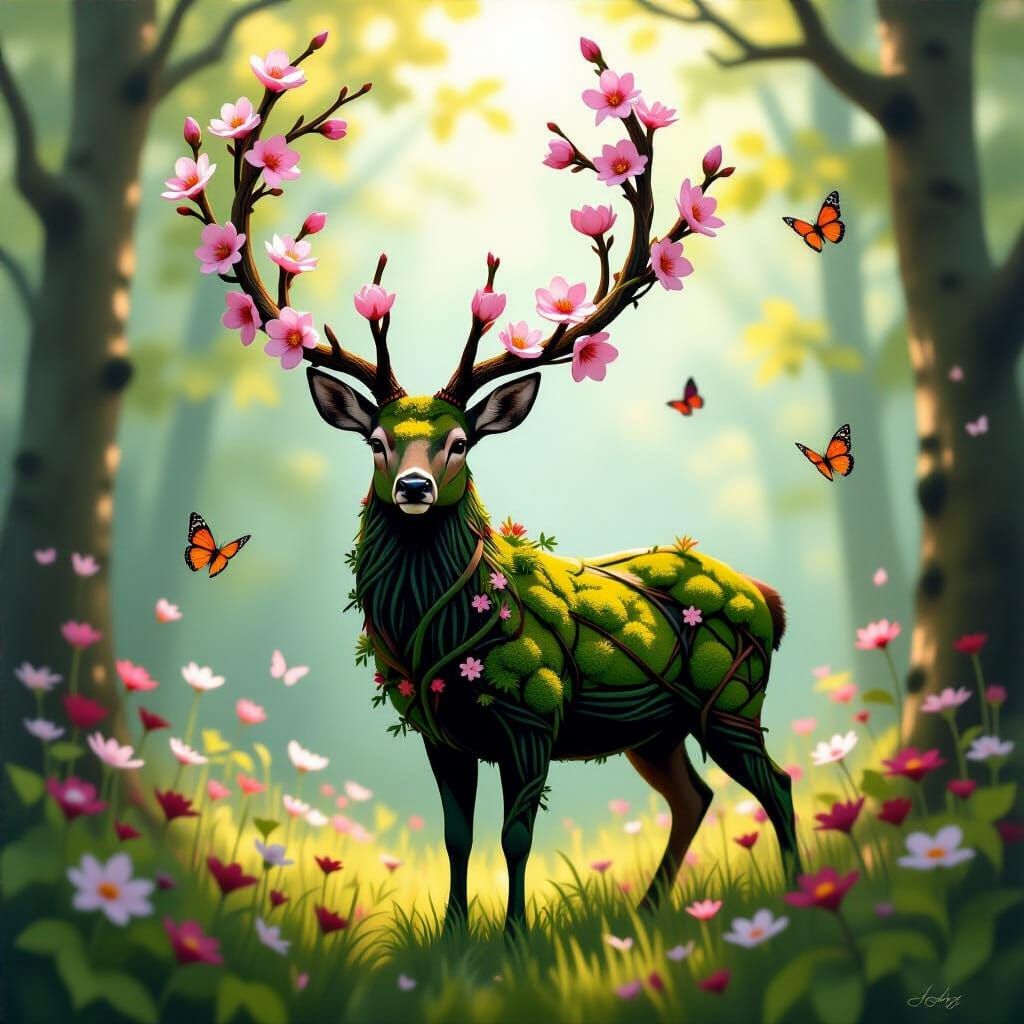Ciervo con astas elaboradas con ramas de cerezo en flor, y su cuerpo formado con enredaderas tejidas y musgo.