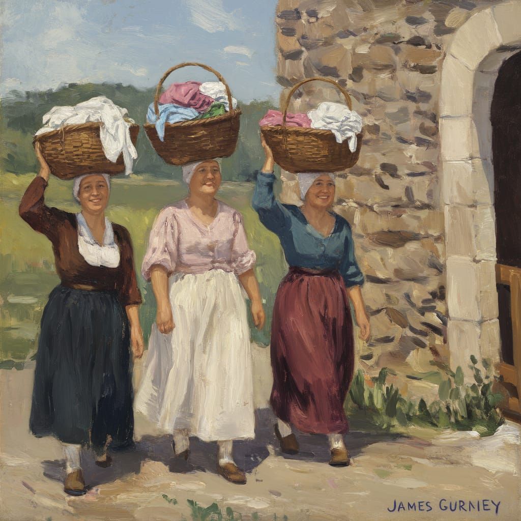 Impressionist Peasant Women Stroll Away from a Stone Washhou...