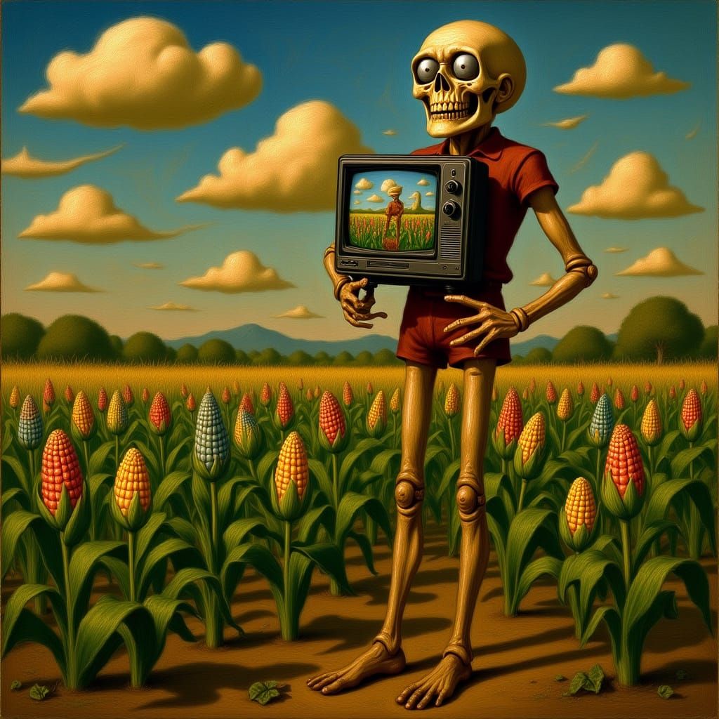 Surreal Cornfield with Melting TV and Tall Scarecrow