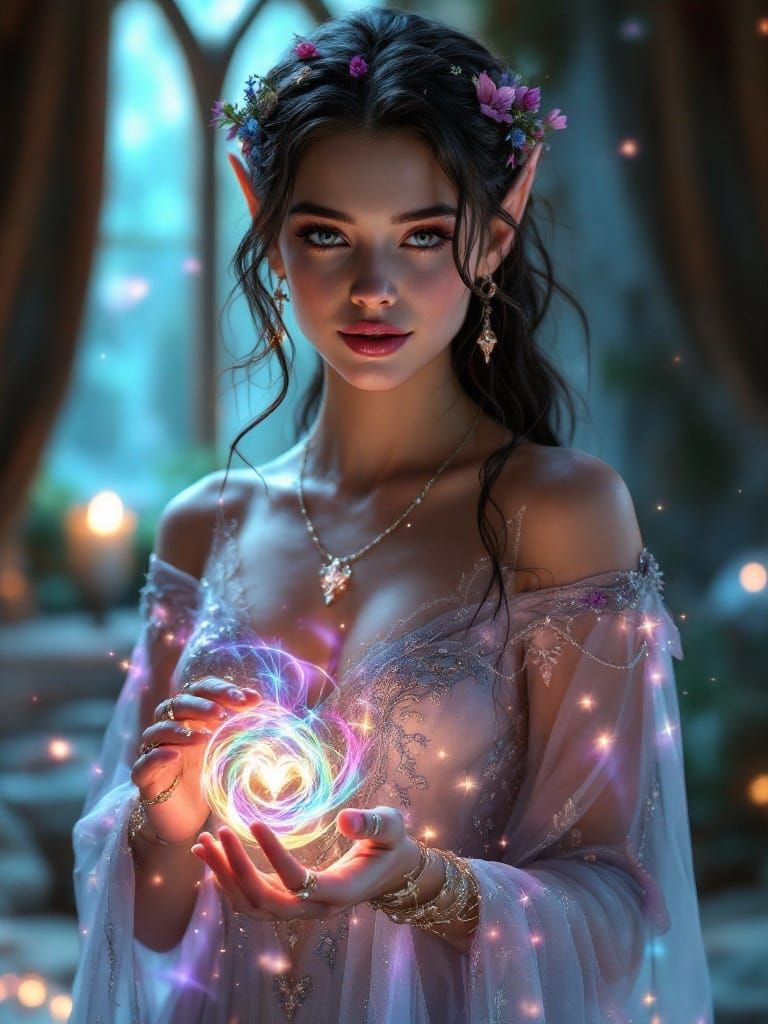 Luminous Elf Woman in Elven Gown, Casting Love Spell under M...