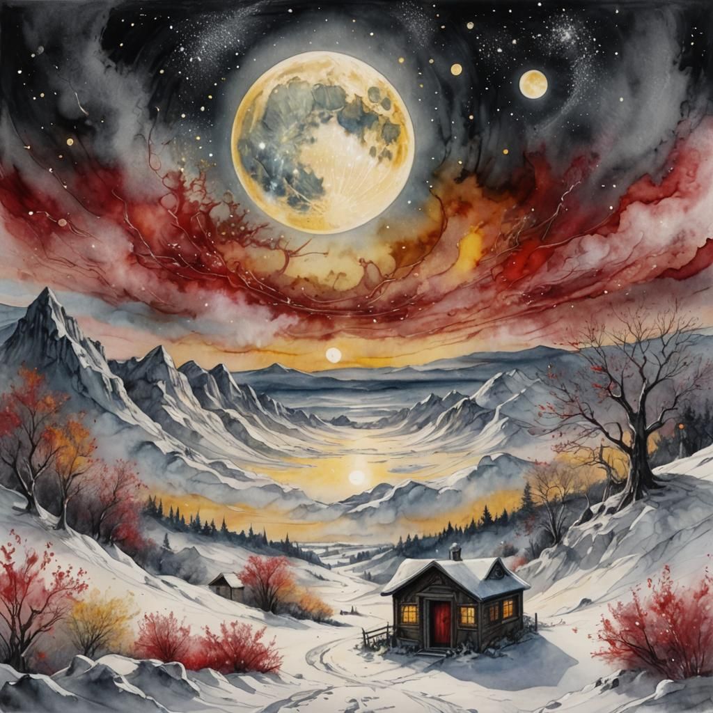 Snowy Landscape with Celestial Portal in Watercolor Style