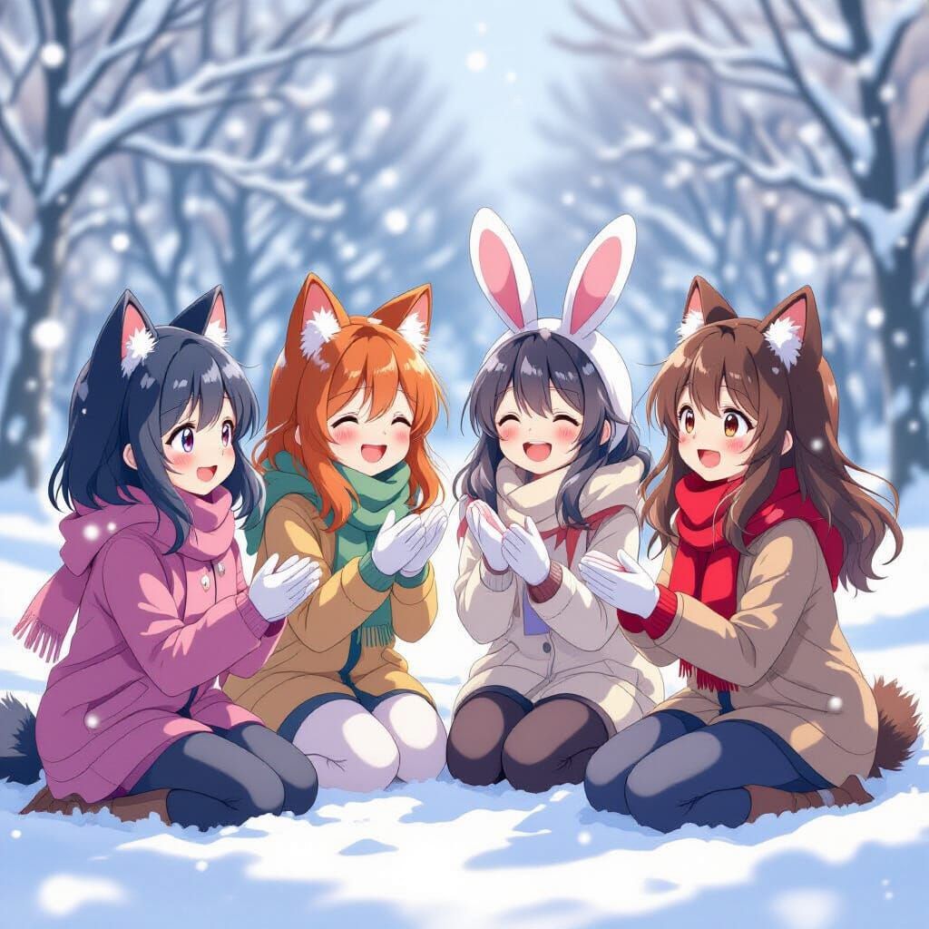 Anime Girls with Animal Ears Play in Snowy Wonderland
