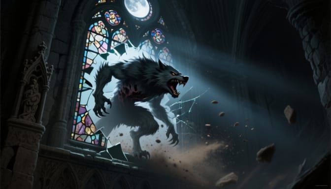 Werewolf Transformation Through Gothic Cathedral Window