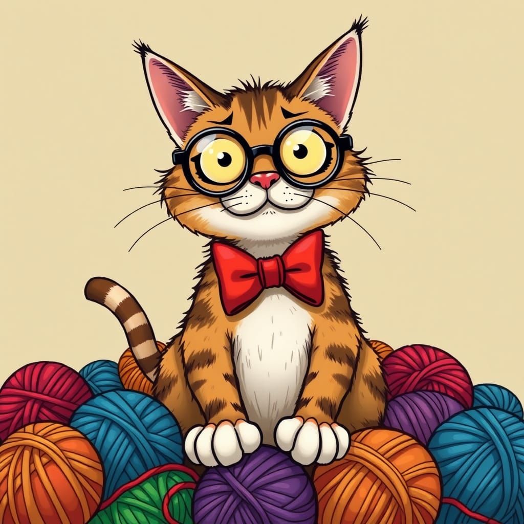 Cartoon Cat with Bow Tie and Yarn