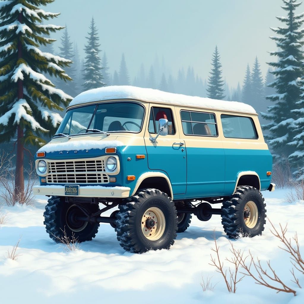 Vintage Ford 4x4 Van in Winter Wonderland