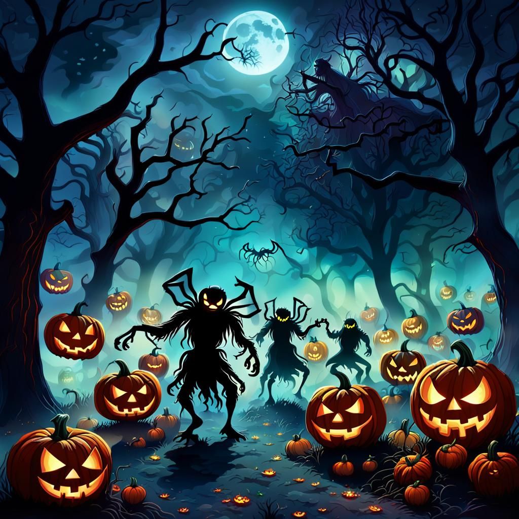 Spooky Halloween Monsters Dancing Under Moonlight