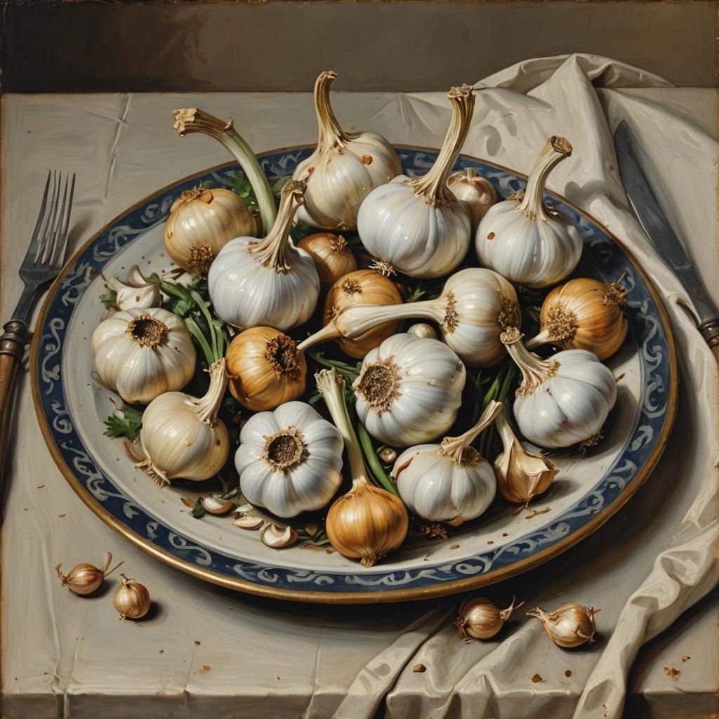 Garlic Still Life: Dutch Golden Age Oil Painting