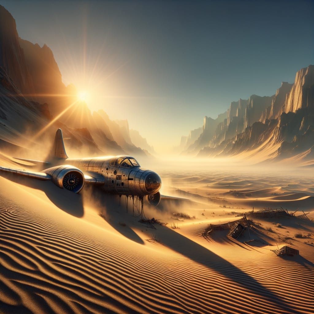 Hyperrealistic Desert Scene with Forgotten Aircraft
