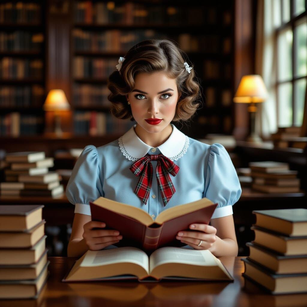 Enchanting Library: Intelligent Woman Reading, Cinematic Sty...