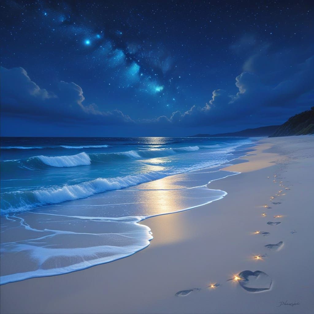 Dreamlike Beach with Glowing Sand and Star Heart