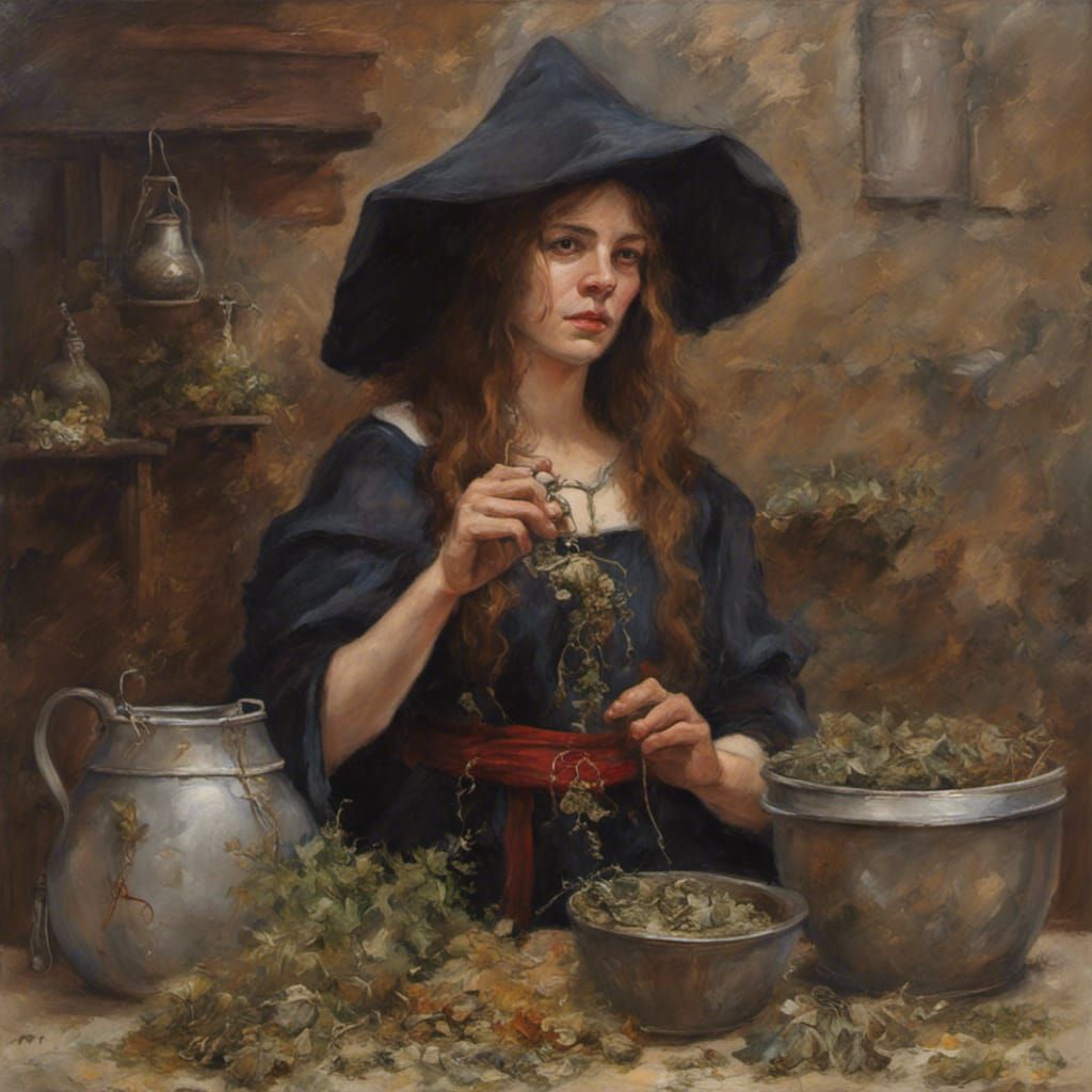 Medieval Witch with Charms in Oil Painting Style