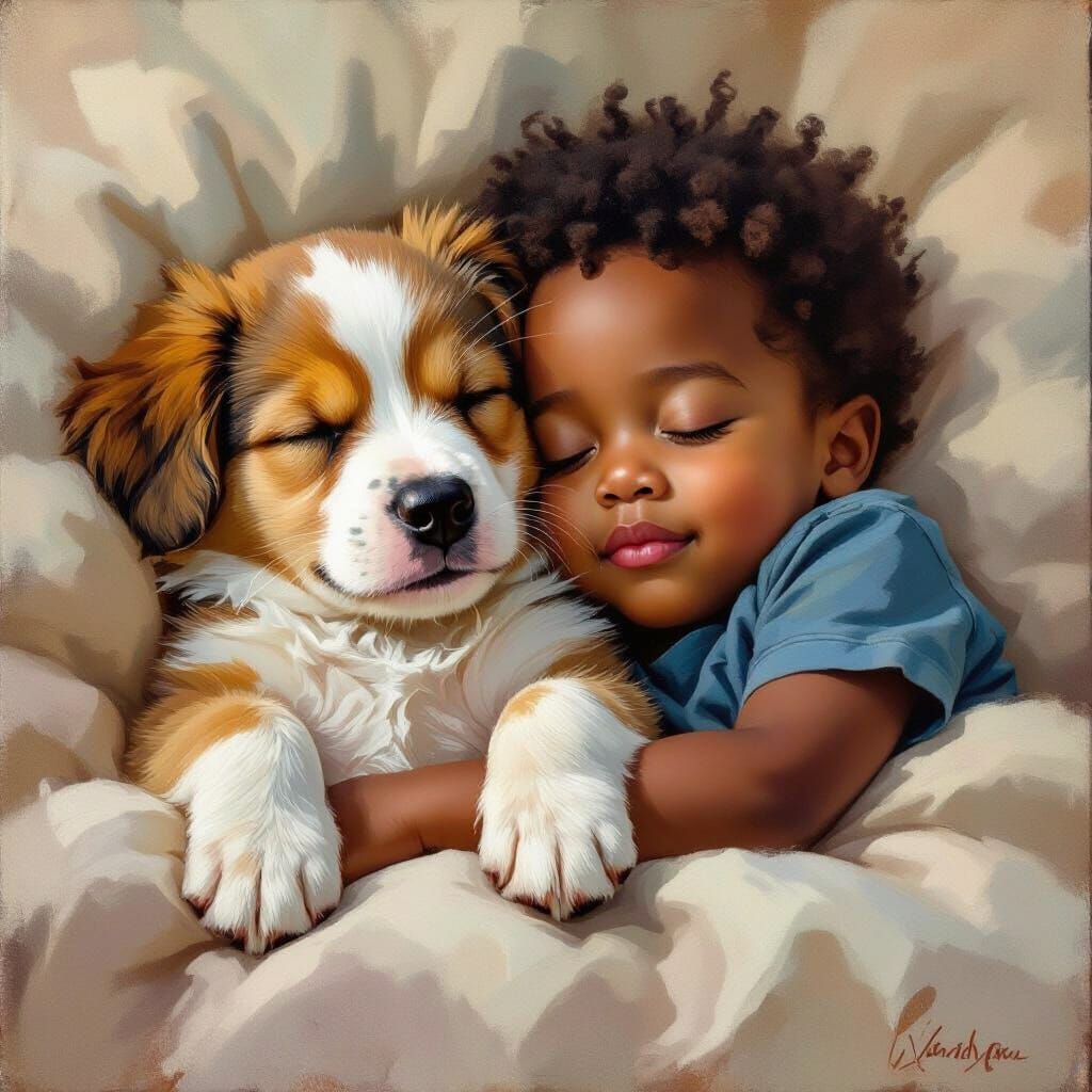Adorable Puppy and Boy Sleeping Together in Oil Painting