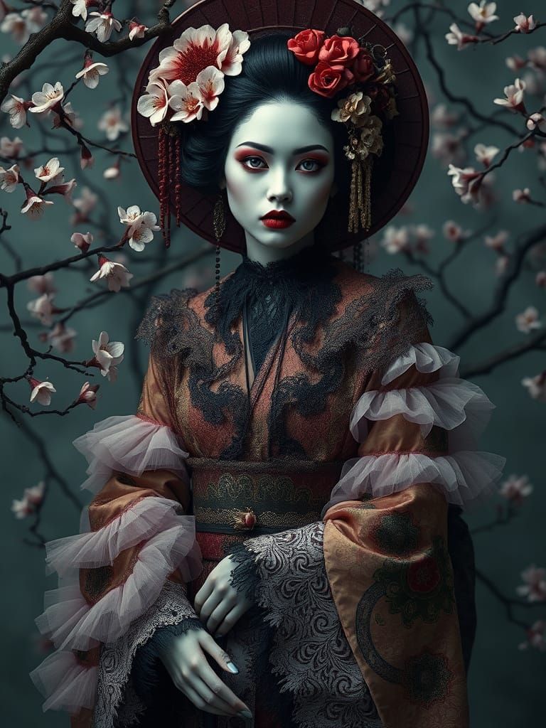 Gothic Geisha in Dark, Velvety Cherry Blossoms