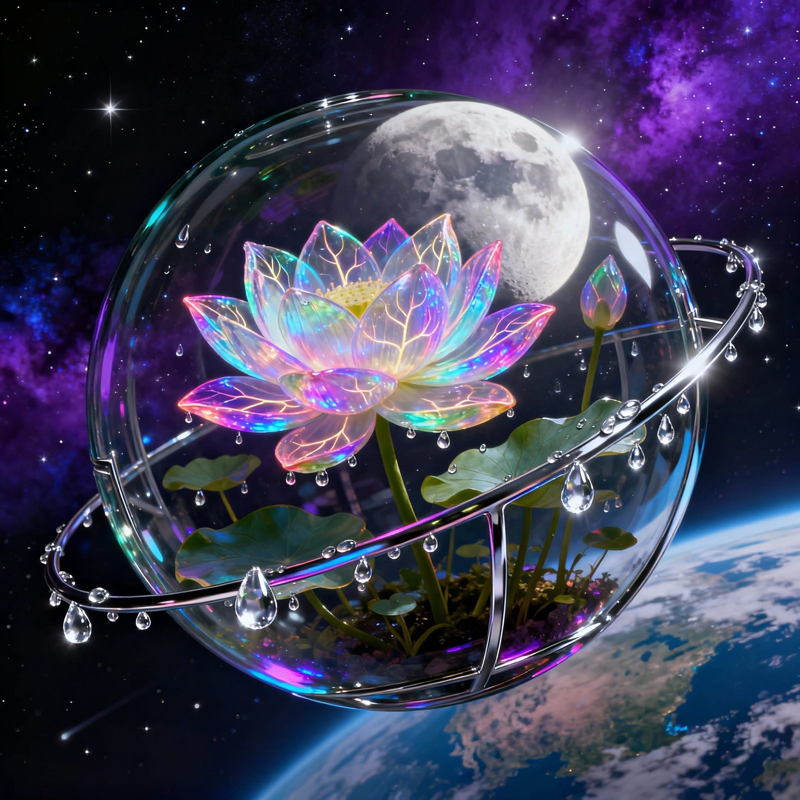 Glowing Lotus Flower in Space Garden Globe