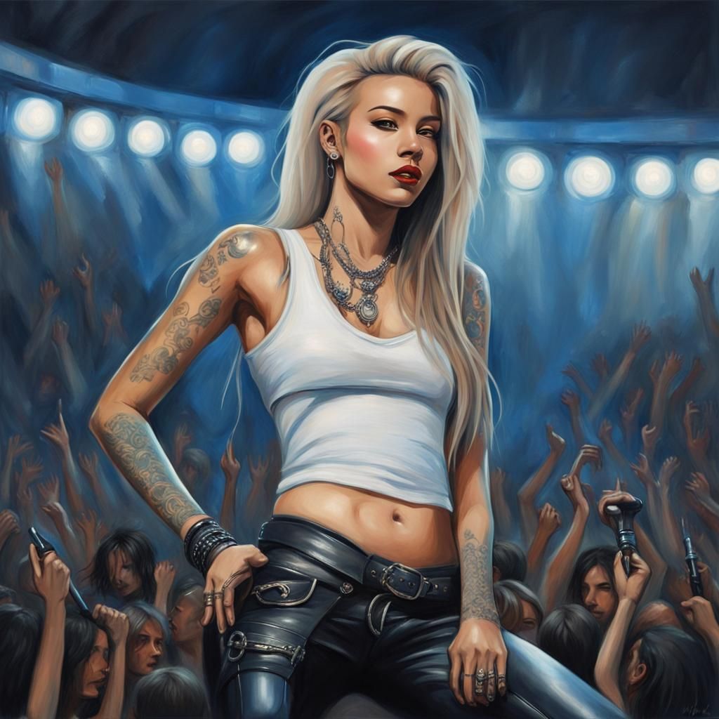 A painting-portrait of a future superstar rock singer, performing at an open-air concert, she is clad in leather pants a...