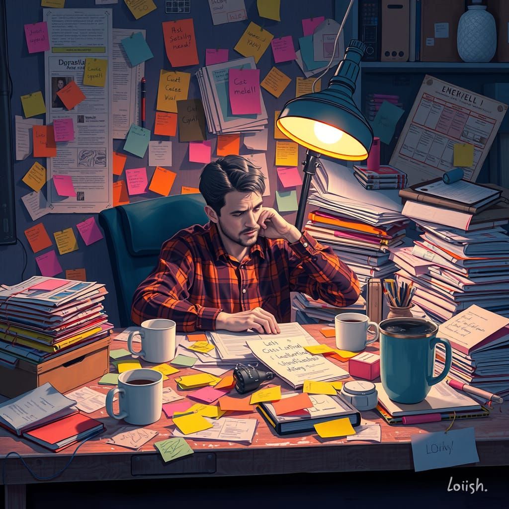 Visionary Creative Lost in Thought amidst Futuristic Clutter