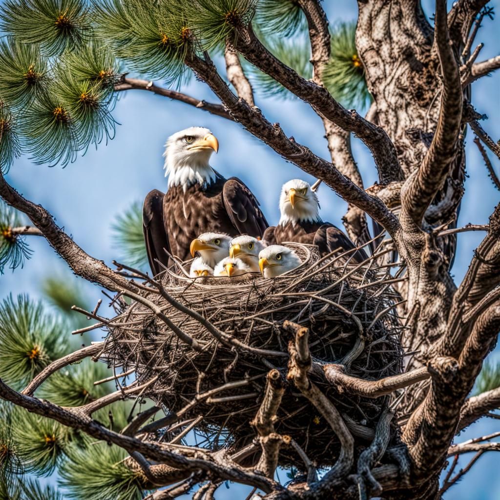 Detailed Bald Eagle Nest with Baby Birds