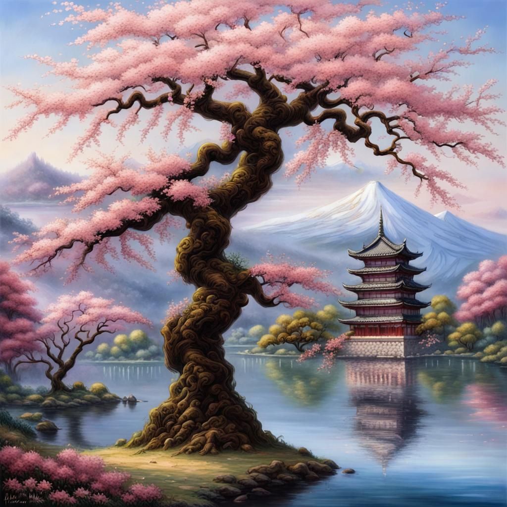 Sakura Tree by Lake with Temples, Hyperdetailed Art